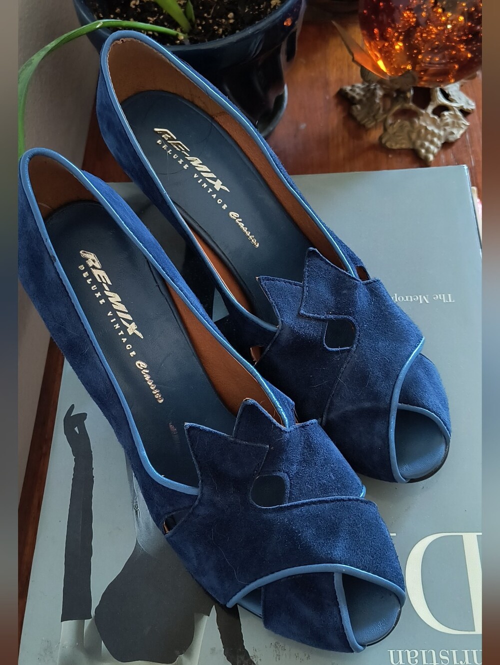 Re-Mix Blue Suede Peep-Toe Pumps Deluxe Vintage Classics 8.5 1940s Style